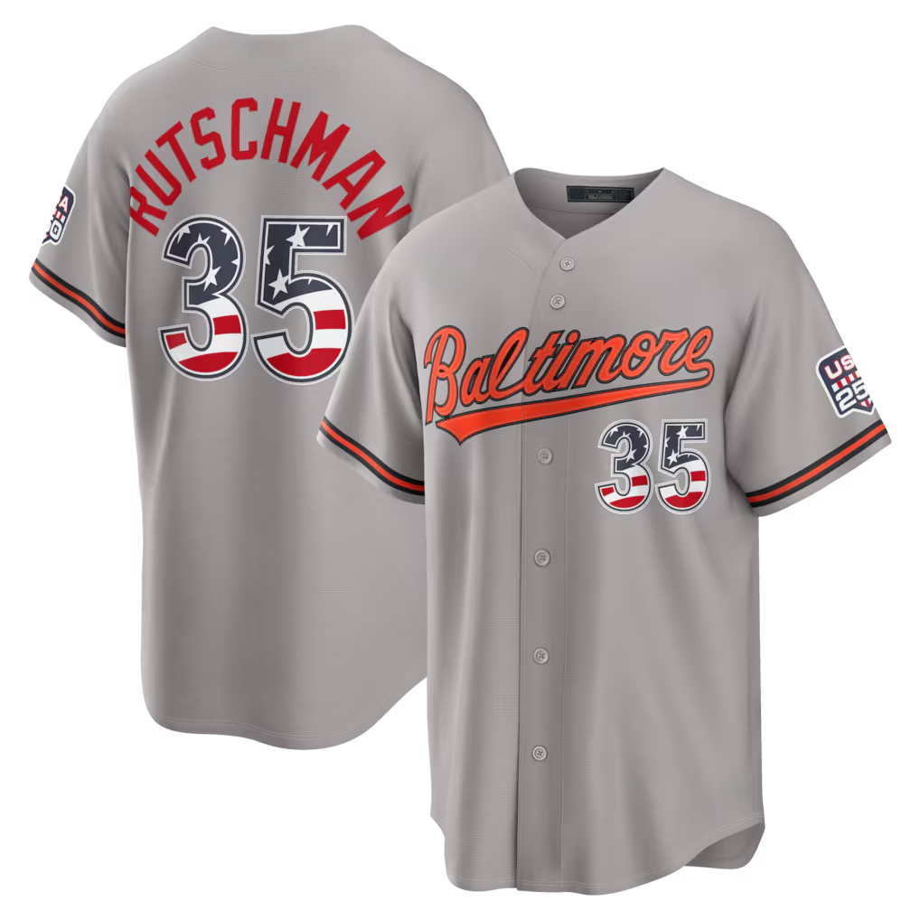 Ndoa B.Orioles #35 Adley Rutschman Gray USA 250 Fourth of July Road Stadium Jersey
