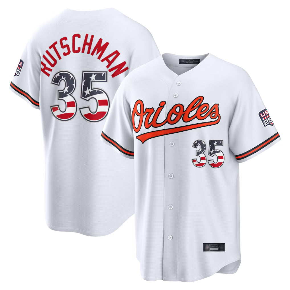 Ndoa B.Orioles #35 Adley Rutschman Player White USA 250 Fourth of July Home Game Stitched Jerseys