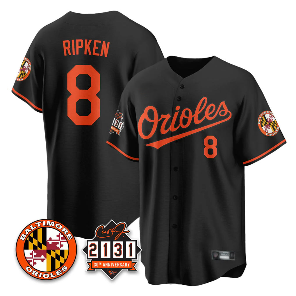 Ndoa B.Orioles #8 Cal Ripken Player Black 30th Anniversary of 2131 Home Game Stitched Jerseys