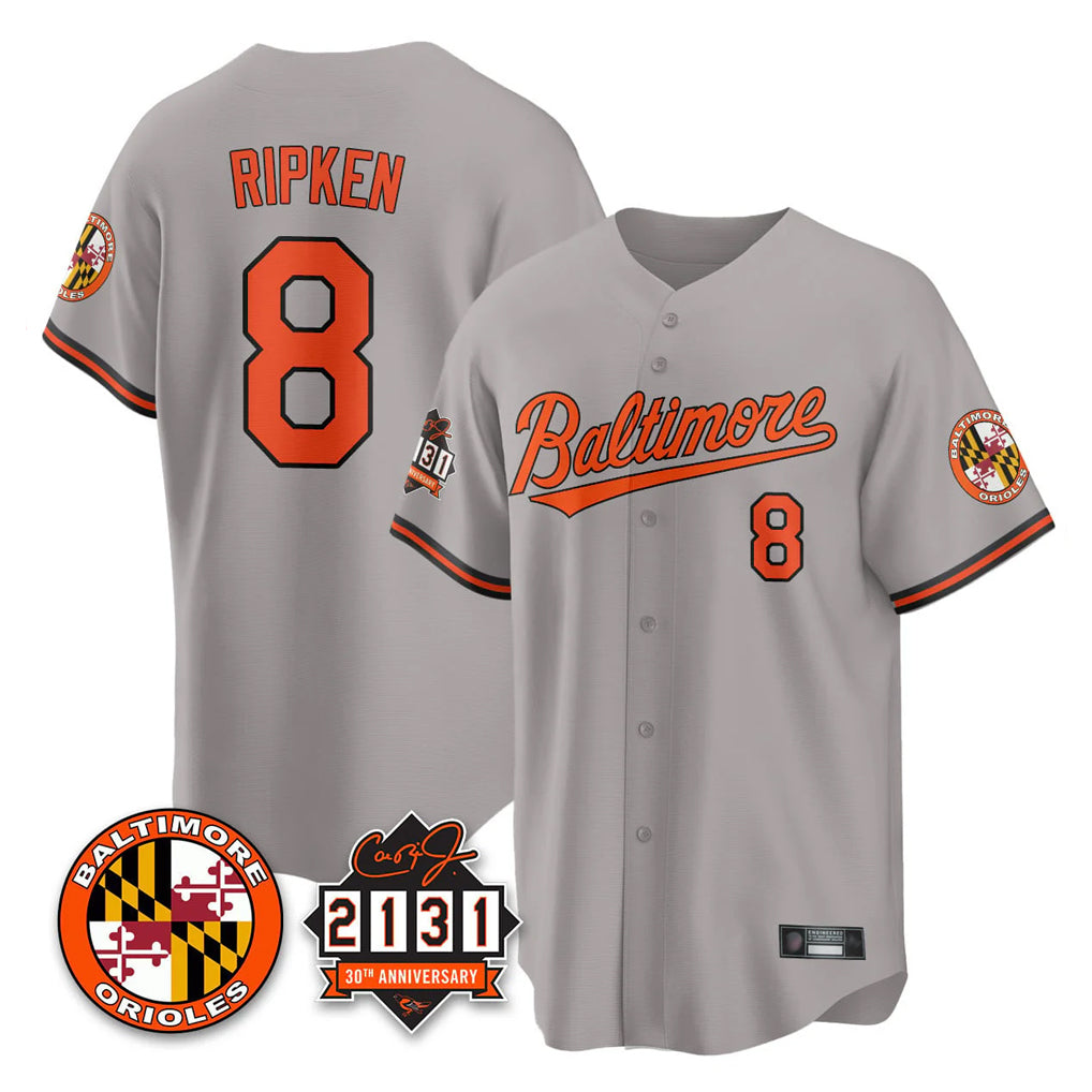 Ndoa B.Orioles #8 Cal Ripken Player Gray 30th Anniversary of 2131 Home Game Stitched Jerseys