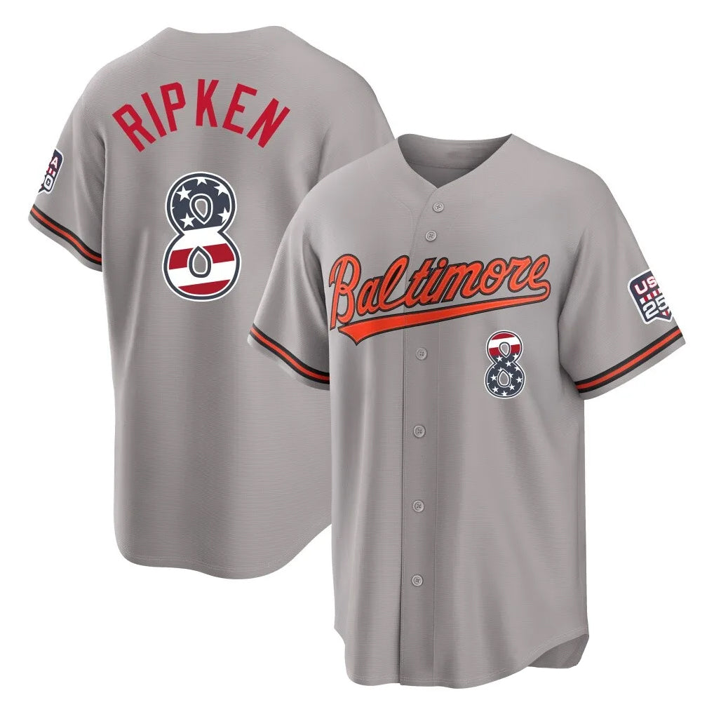 Ndoa B.Orioles #8 Cal Ripken Player Gray USA 250 Fourth of July Home Game Stitched Jerseys