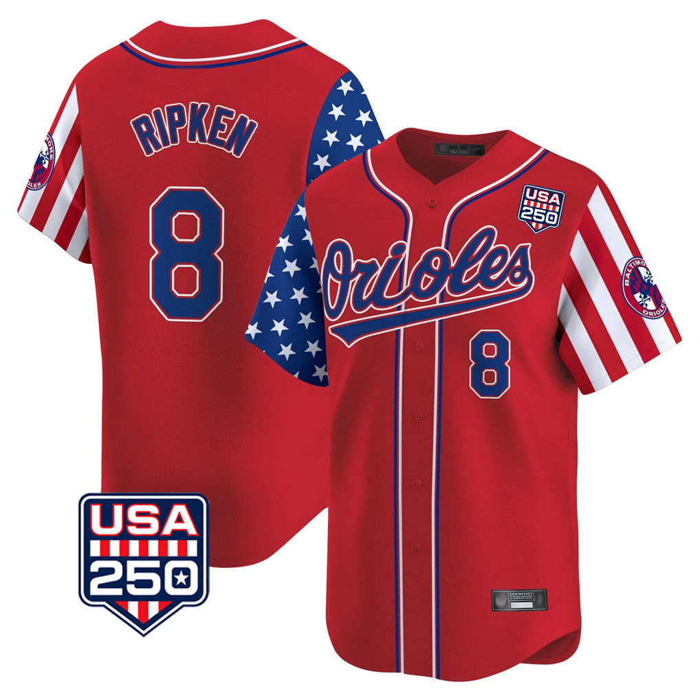 Ndoa B.Orioles #8 Cal Ripken Player Red USA 250 Independence Day Vapor Premier Limited Home Game Stitched Jerseys
