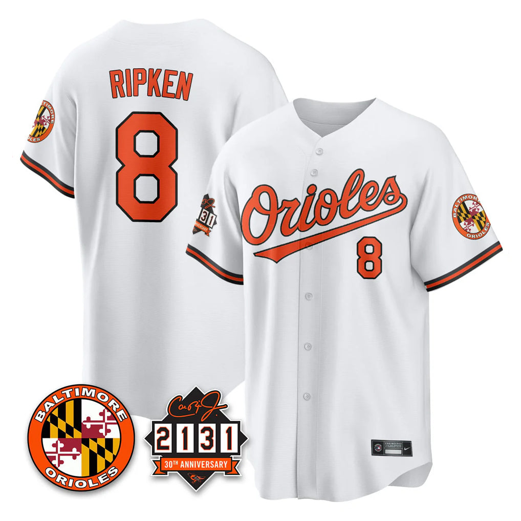 Ndoa B.Orioles #8 Cal Ripken Player White 30th Anniversary of 2131 Home Game Stitched Jerseys