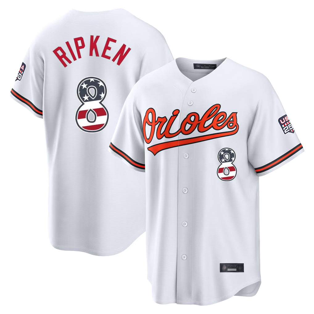 Ndoa B.Orioles #8 Cal Ripken Player White USA 250 Fourth of July Home Game Stitched Jerseys