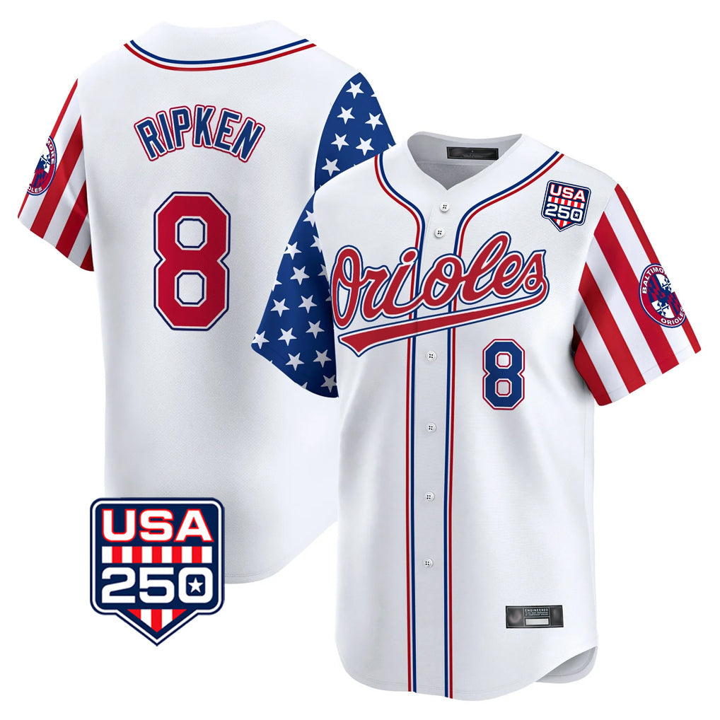 Ndoa B.Orioles #8 Cal Ripken Player White USA 250 Independence Day Vapor Premier Home Game Stitched Jerseys