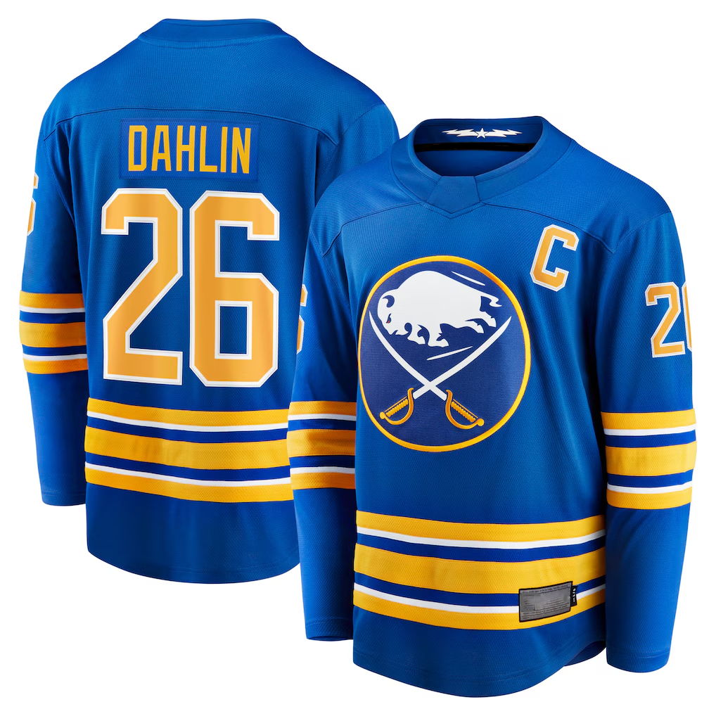 Ndoa B.Sabres #26 Rasmus Dahlin Royal Home Captain Patch Breakaway Stitched Jerseys