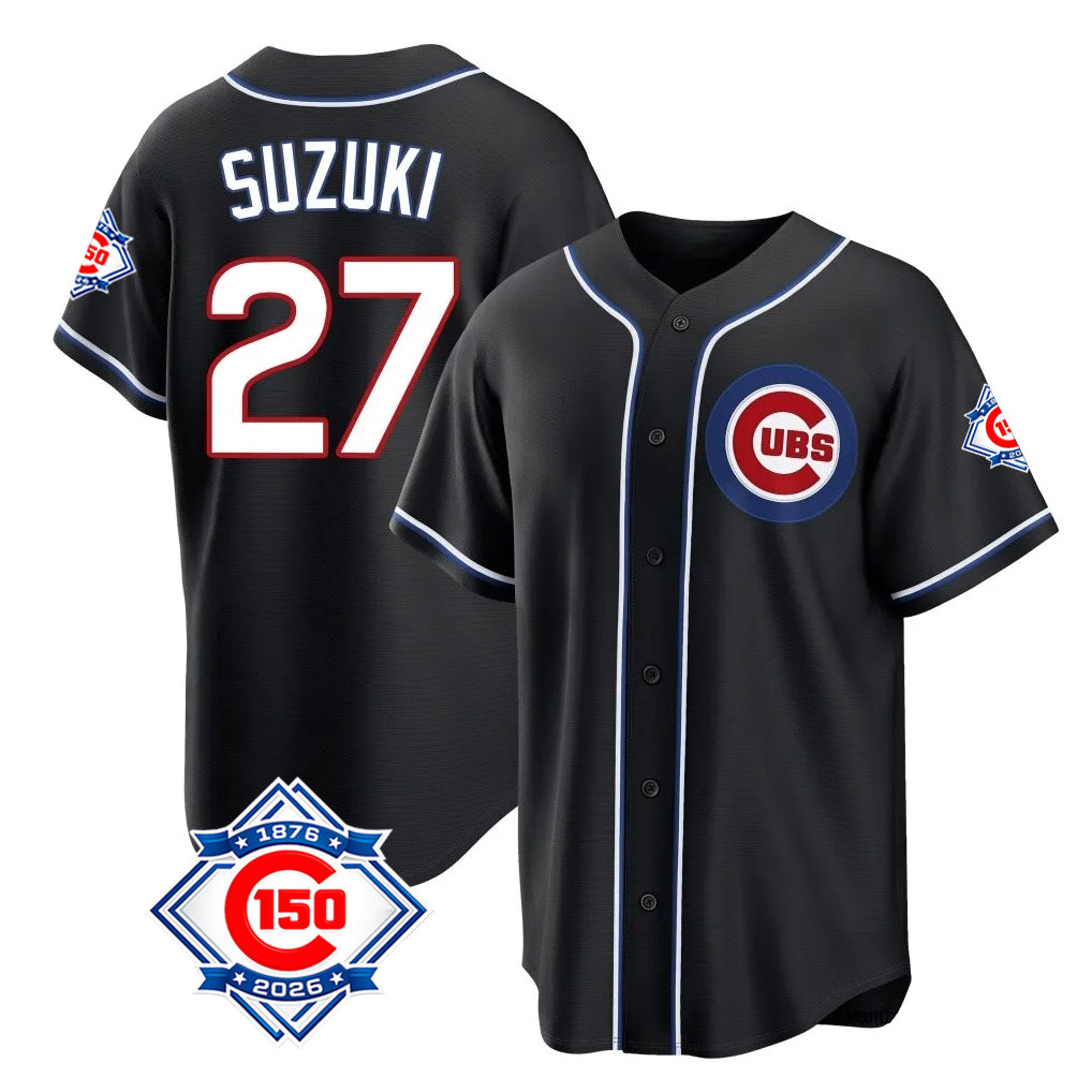 Ndoa C.Cubs #27 Seiya Suzuki Player Black Fashion Out 150th Anniversary Game Stitched Jerseys