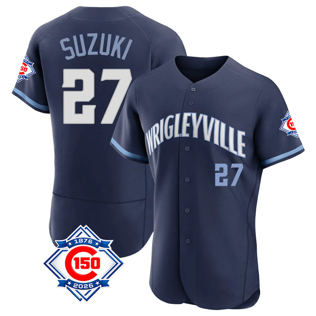 Ndoa C.Cubs #27 Seiya Suzuki Player Navy City Connect 150th Anniversary Limited Elite Home Stitched Jerseys