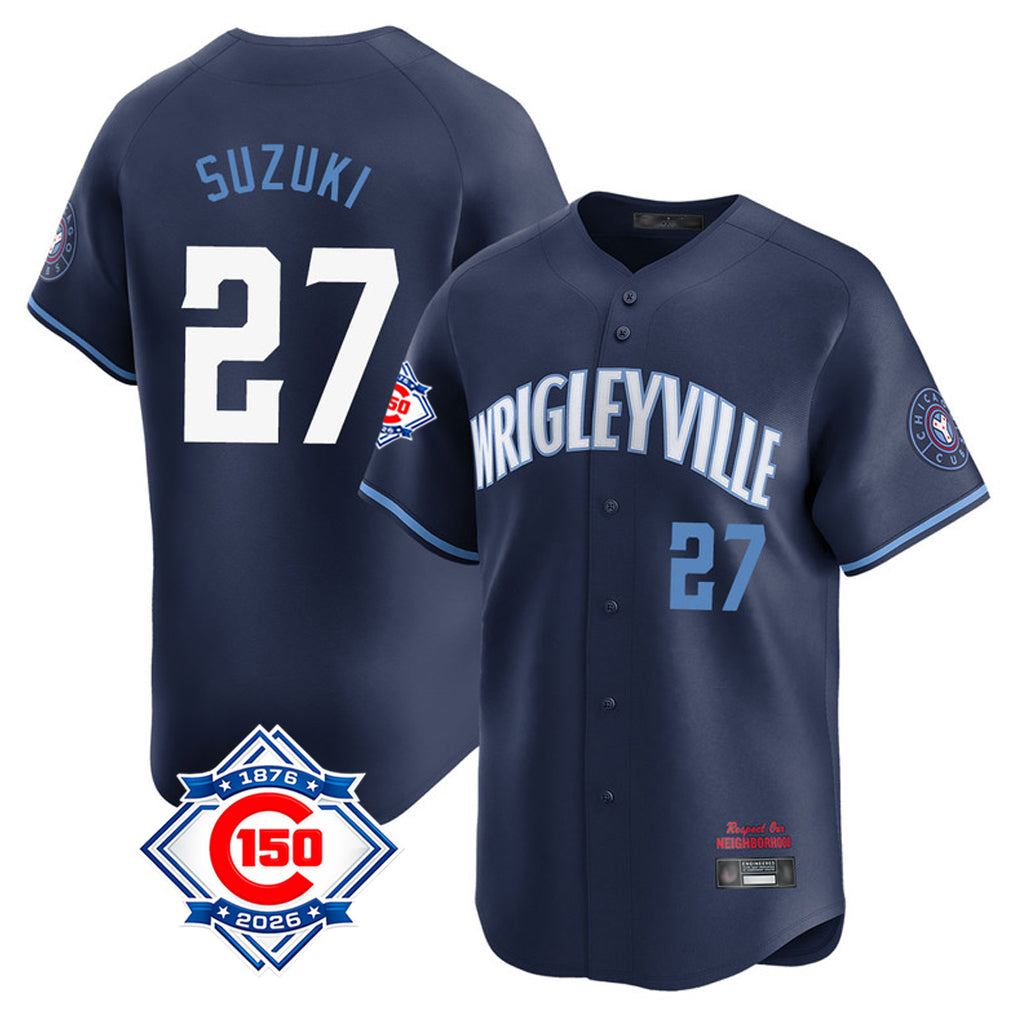 Ndoa C.Cubs #27 Seiya Suzuki Player Navy City Connect 150th Anniversary Limited Home Stitched Jerseys