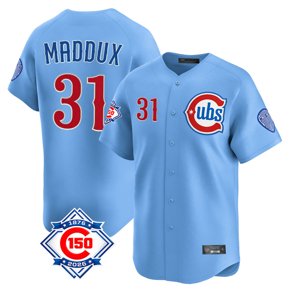 Ndoa C.Cubs #31 Greg Maddux Player Light Blue 150th Anniversary Limited Home Stitched Jerseys