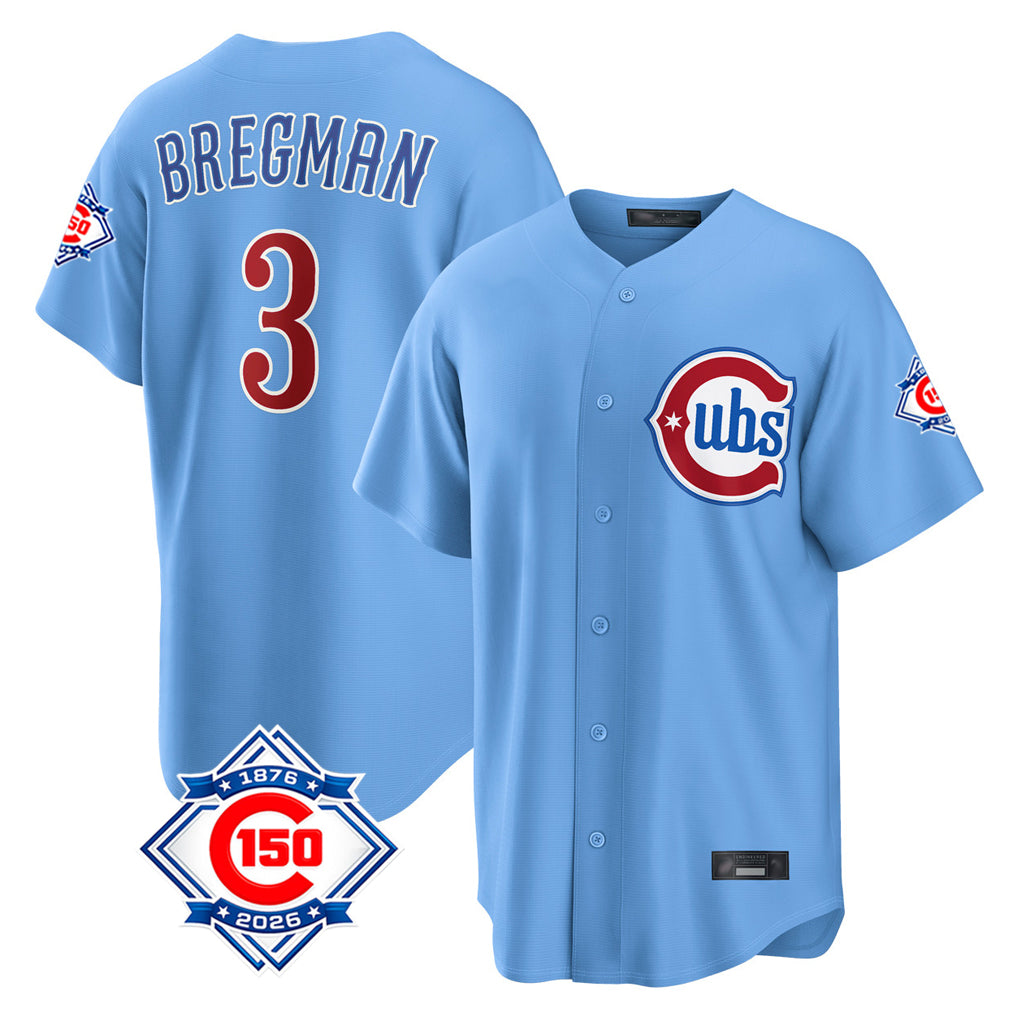 Ndoa C.Cubs #3 Alex Bregman Light Blue 150th Anniversary Home Game Stitched Jerseys