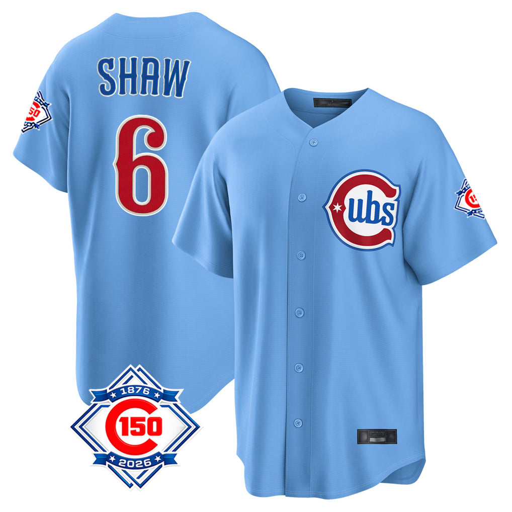Ndoa C.Cubs #6 Matt Shaw Player Light Blue 150th Anniversary Home Game Stitched Jerseys