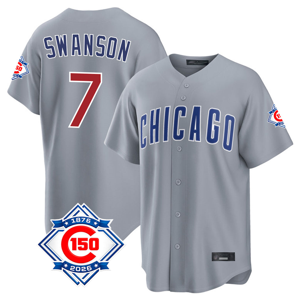 Ndoa C.Cubs #7 Dansby Swanson Player Gray 150th Anniversary Home Game Stitched Jerseys