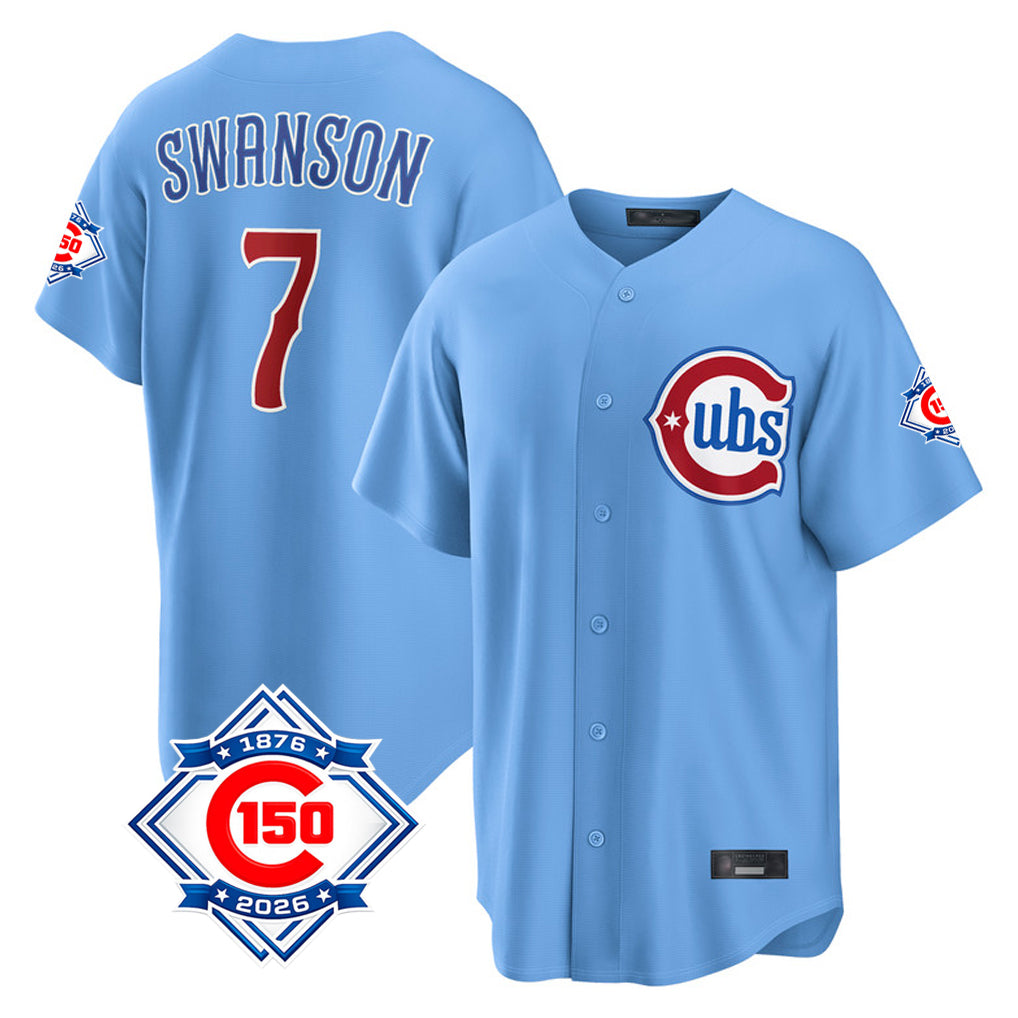 Ndoa C.Cubs #7 Dansby Swanson Player Light Blue 150th Anniversary Home Game Stitched Jerseys