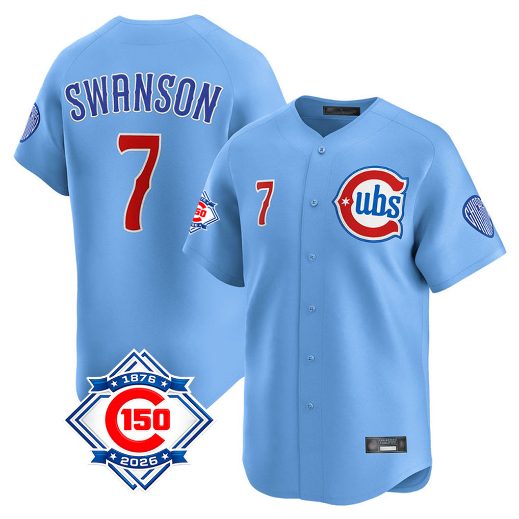 Ndoa C.Cubs #7 Dansby Swanson Player Light Blue 150th Anniversary Limited Home Stitched Jerseys