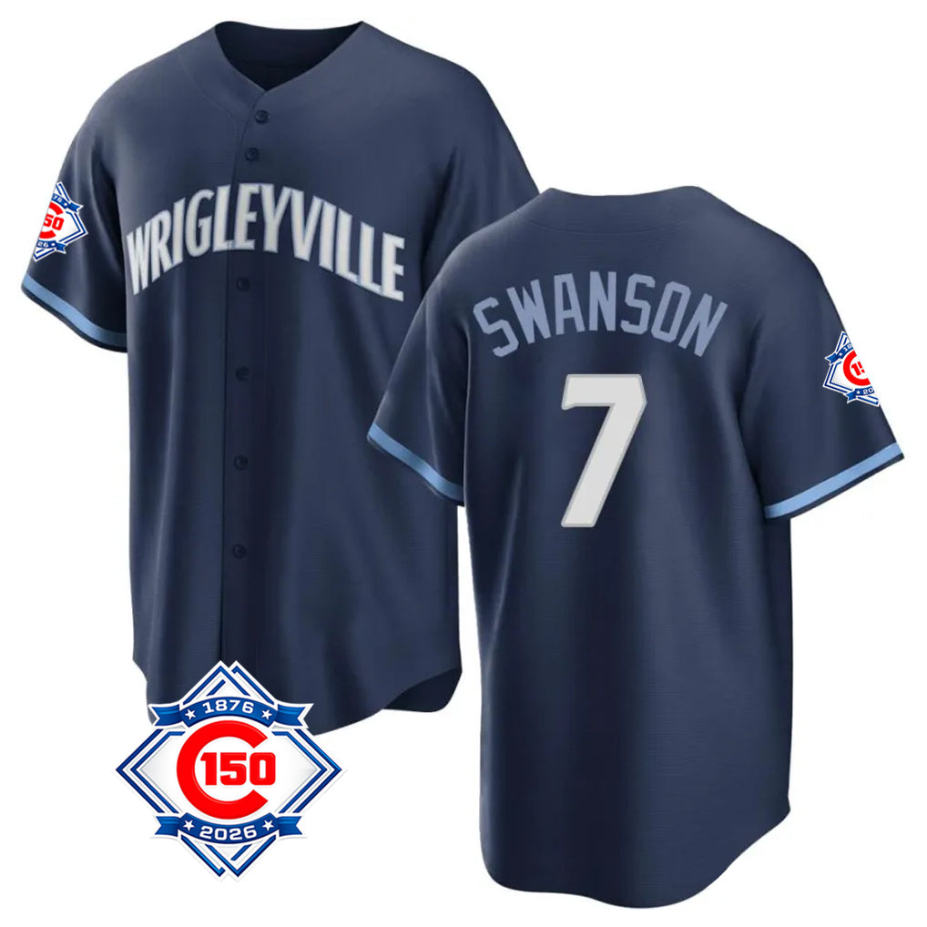 Ndoa C.Cubs #7 Dansby Swanson Player Navy 150th Anniversary City Connect Home Game Stitched Jerseys