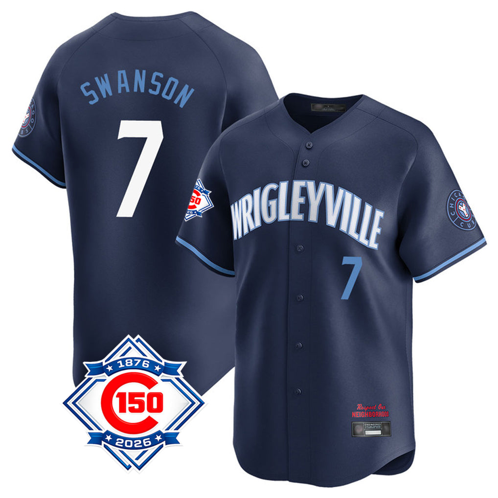 Ndoa C.Cubs #7 Dansby Swanson Player Navy City Connect 150th Anniversary Limited Home Stitched Jerseys