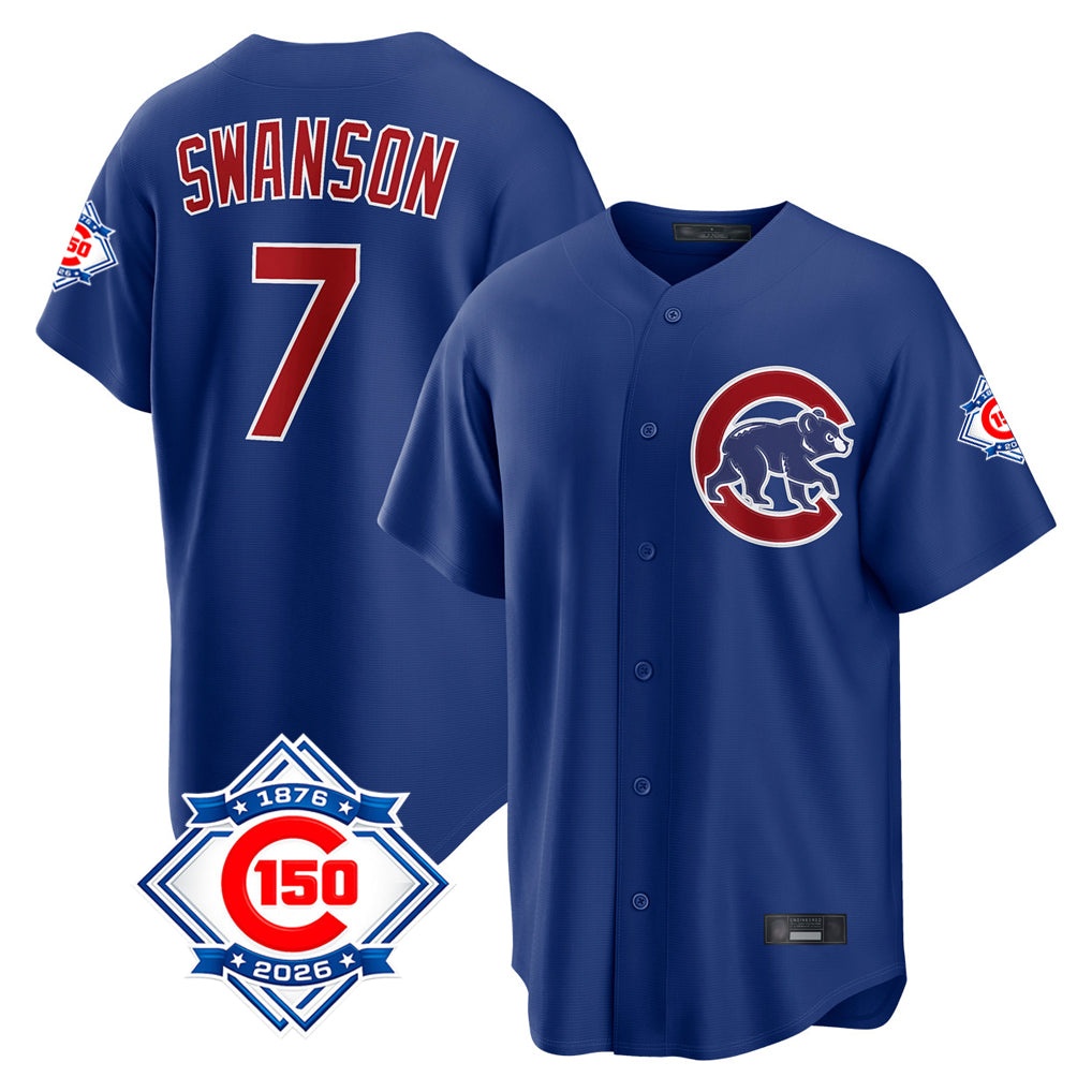 Ndoa C.Cubs #7 Dansby Swanson Player Royal 150th Anniversary Home Game Stitched Jerseys