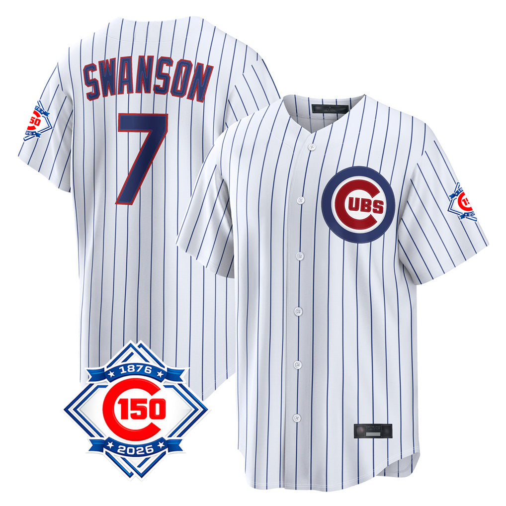 Ndoa C.Cubs #7 Dansby Swanson Player White 150th Anniversary Game Home Stitched Jerseys