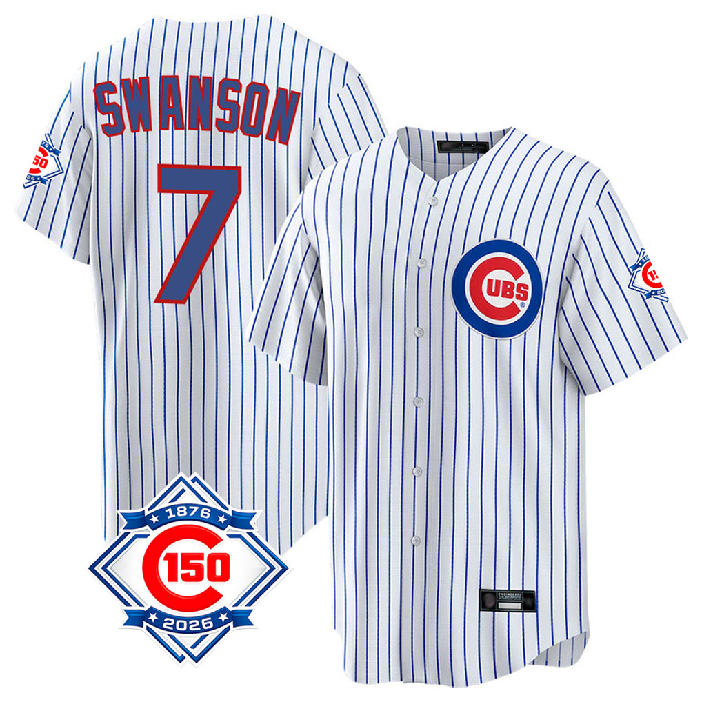 Ndoa C.Cubs #7 Dansby Swanson Player White 150th Anniversary Home Game Stitched Jerseys