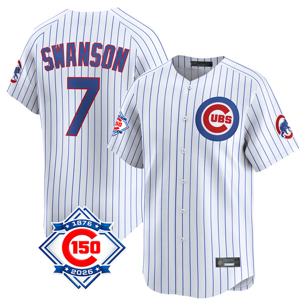 Ndoa C.Cubs #7 Dansby Swanson Player White 150th Anniversary Limited Home Game Stitched Jerseys