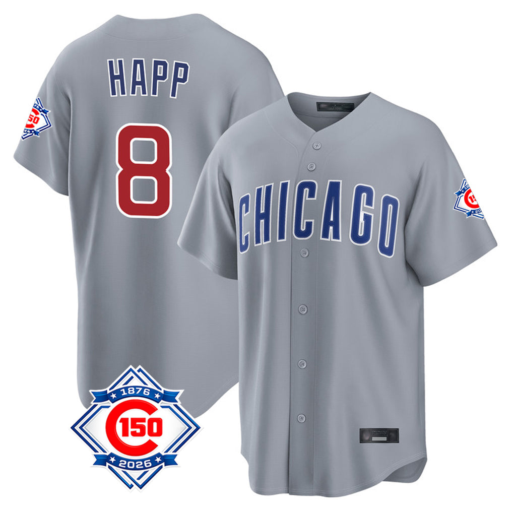 Ndoa C.Cubs #8 Ian Happ Player Gray 150th Anniversary Home Game Stitched Jerseys