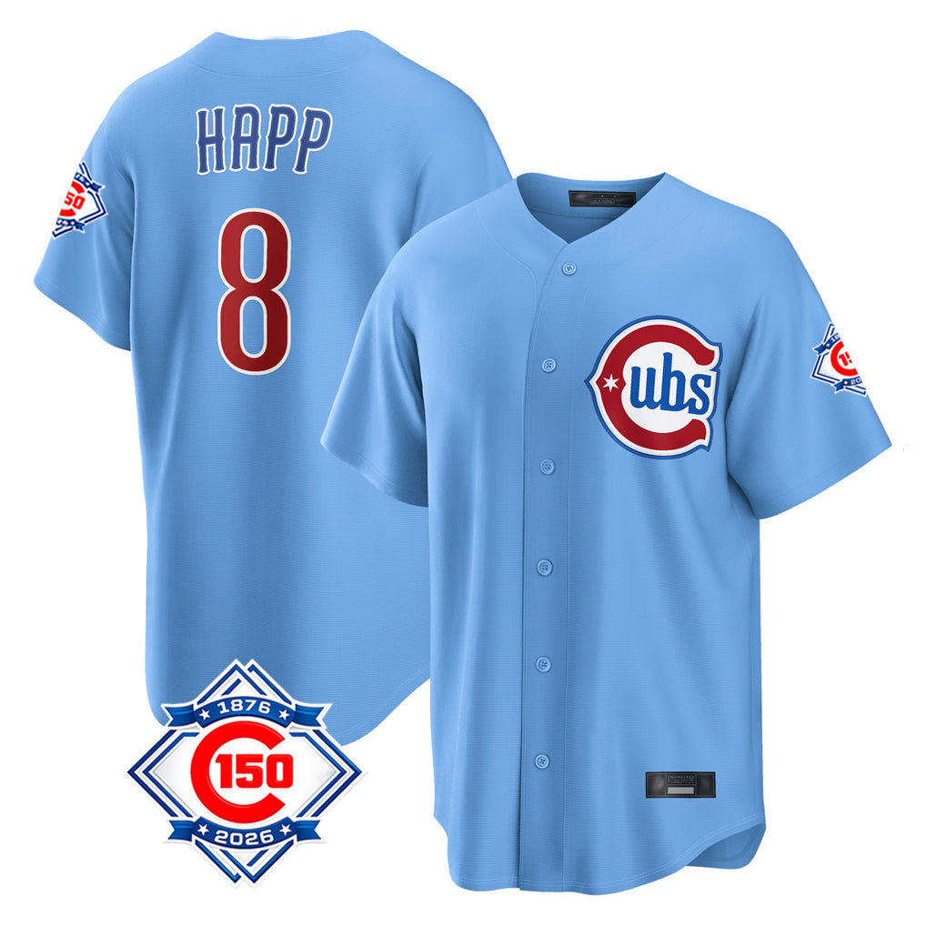 Ndoa C.Cubs #8 Ian Happ Player Light Blue 150th Anniversary Home Game Stitched Jerseys
