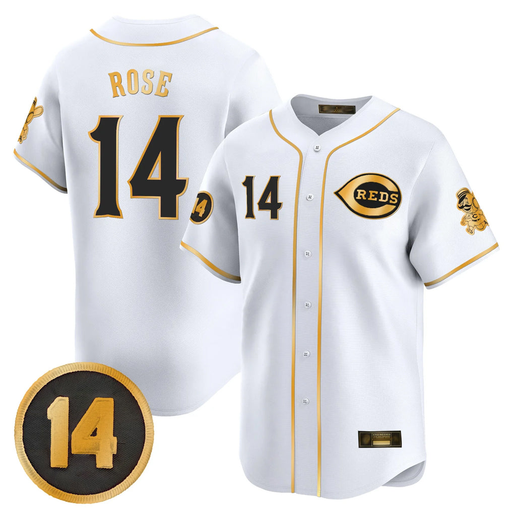 Ndoa C.Reds #14 Pete Rose Player White-Gold Vapor Premier Limited Home Stitched Jerseys