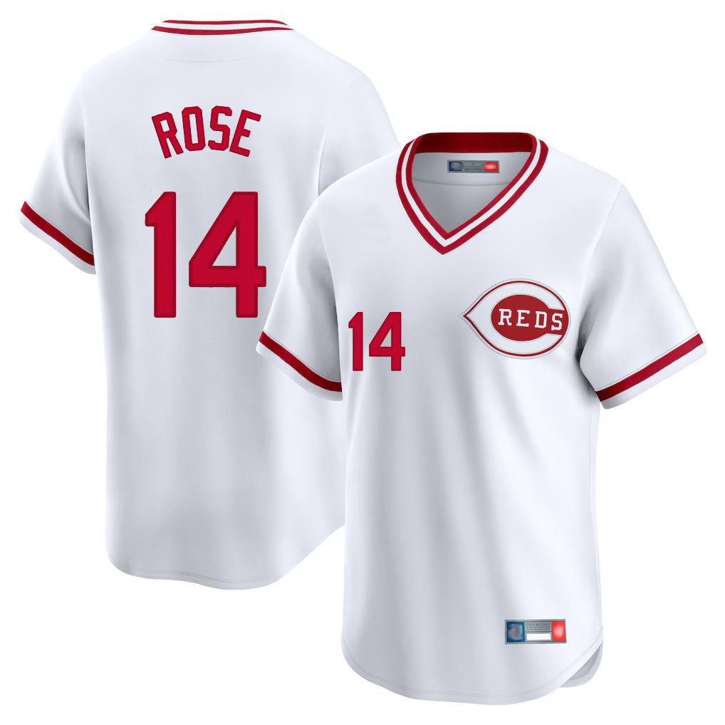 Ndoa C.Reds #14 Pete Rose Player White Cooperstown Collection Limited T-shirt Home Stitched Jerseys