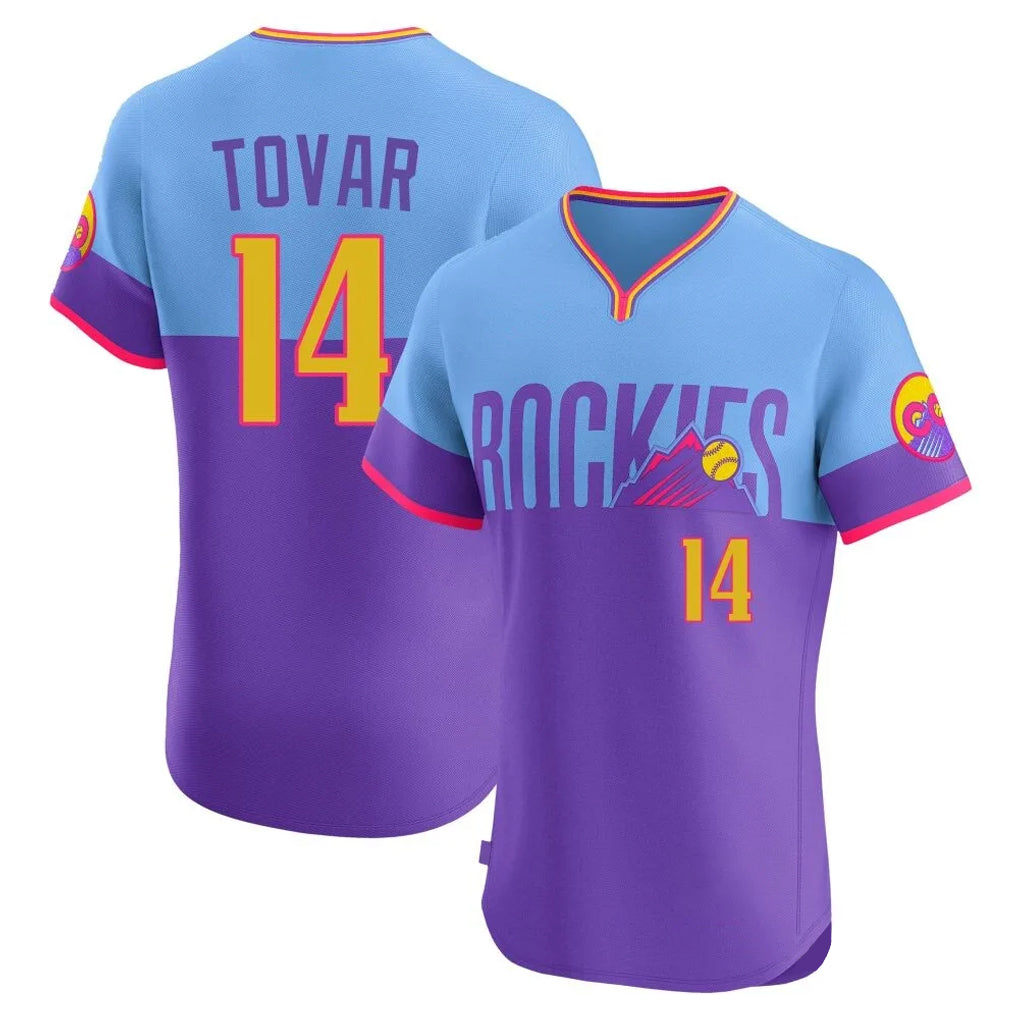 Ndoa C.Rockies #14 Ezequiel Tovar Player Purple-Light Blue City Connect Limited Elite Home T-shirt Stitched Jerseys