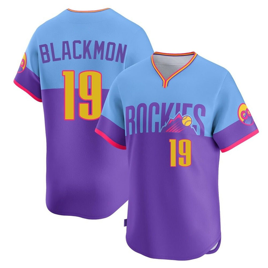 Ndoa C.Rockies #19 Charlie Blackmon Player Purple-Light Blue City Connect Limited Home T-shirt Stitched Jerseys