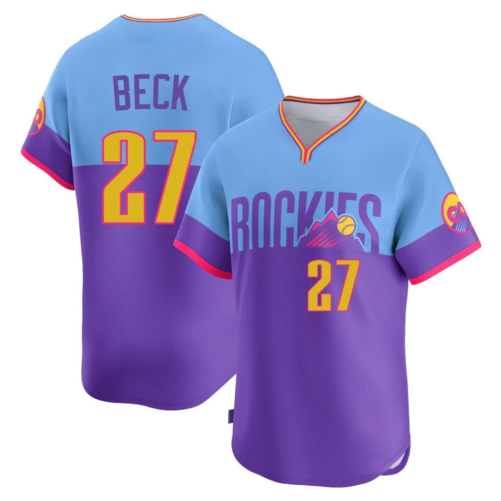 Ndoa C.Rockies #27 Jordan Beck Player Purple-Light Blue City Connect Limited Home T-shirt Stitched Jerseys