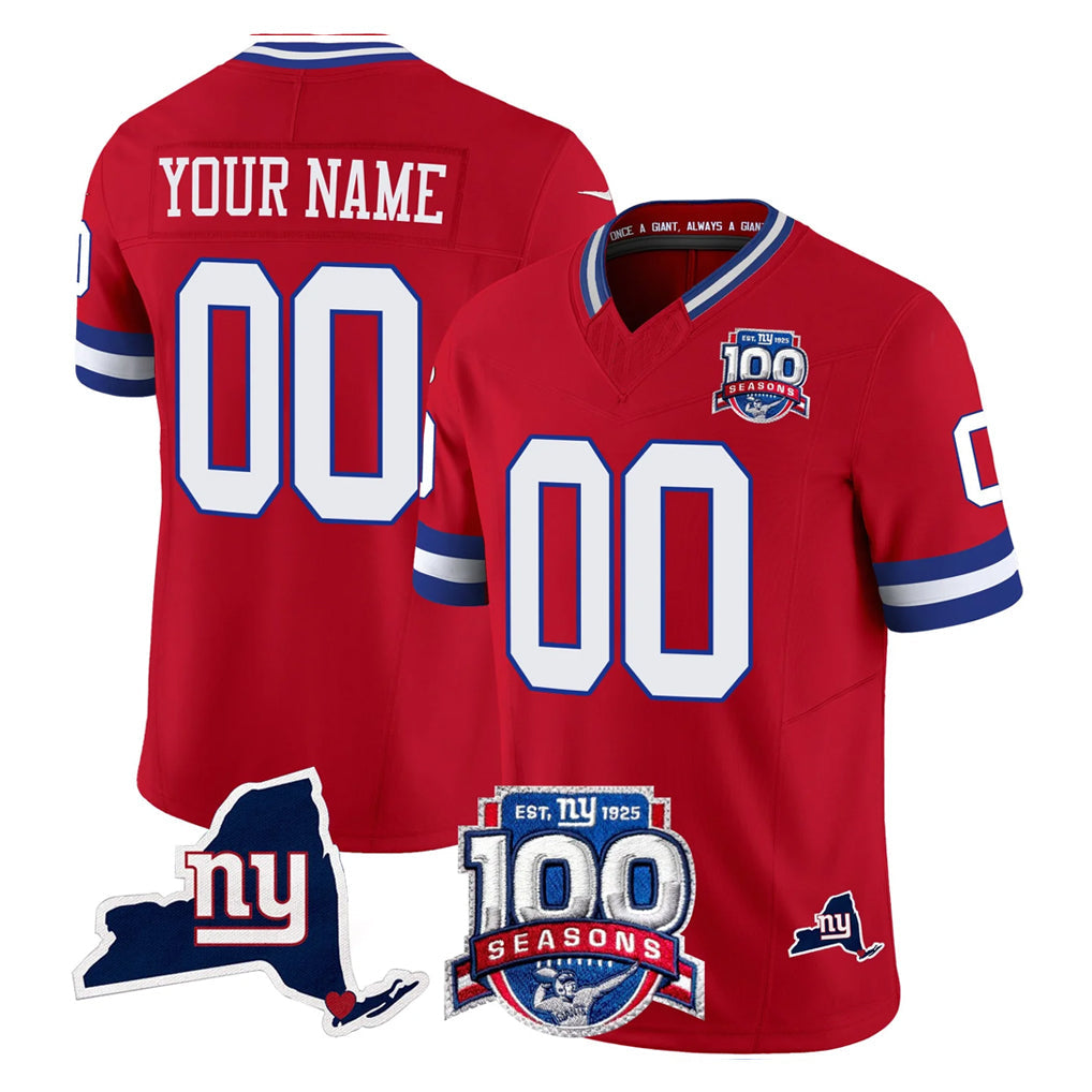 Ndoa Custom NY.Giants Red 100th Season & State Patch Vapor Limited Home Game Any Name & Numbers Stitched Jerseys