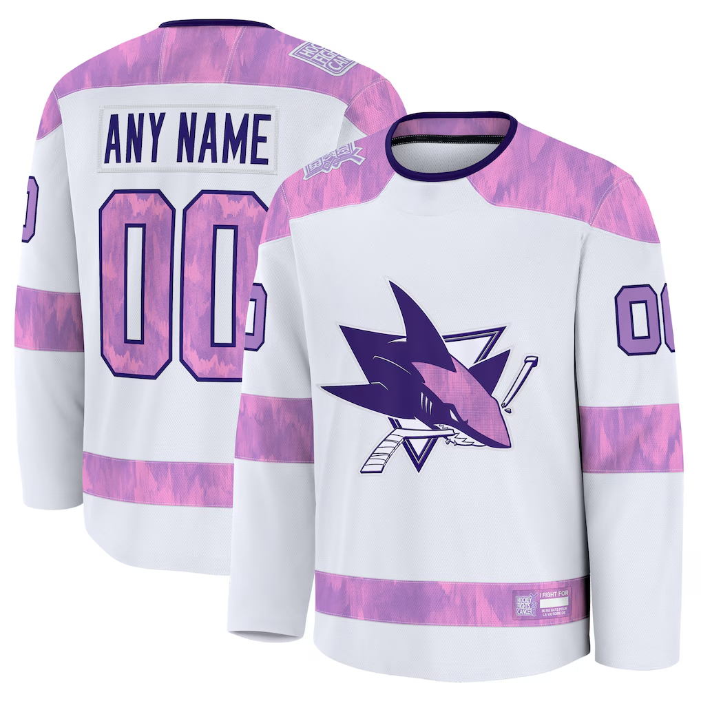 Ndoa Custom S.Jose Sharks White 2024 Hockey Fights Cancer Practice Jerseys