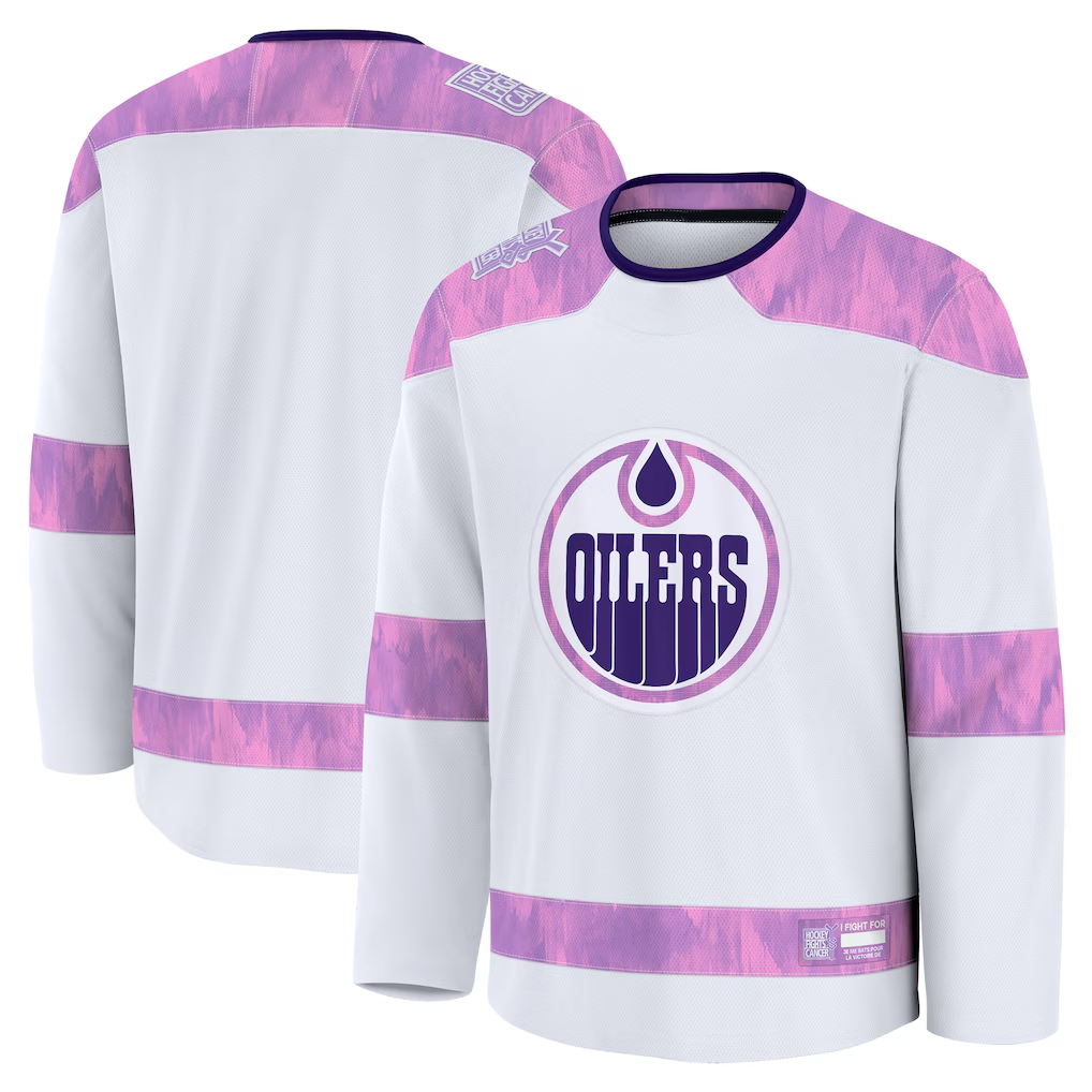 Ndoa E.Oilers White 2024 Hockey Fights Cancer Practice Jerseys