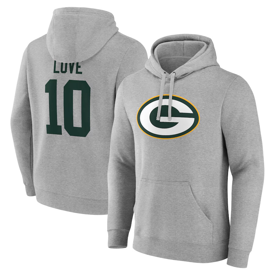 Ndoa GB.Packers #10 Jordan Love Player Gray Pullover Hoodie Game Stitched Jerseys