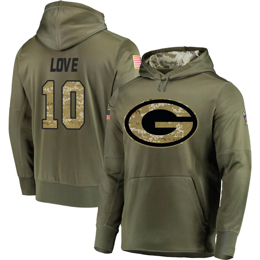 Ndoa GB.Packers #10 Jordan Love Player Olive Salute to Service Pullover Hoodie Game Stitched Jerseys