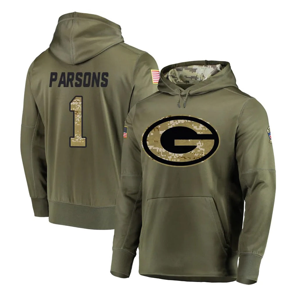 Ndoa GB.Packers #1 Micah Parsons Player Olive Salute to Service Pullover Hoodies Home Game Stitched Jerseys