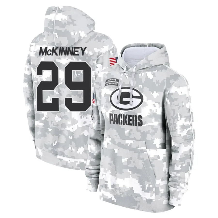 Ndoa GB.Packers #29 Xavier McKinney Player Camo Salute To Service Hoodies Game  Stitched Jerseys