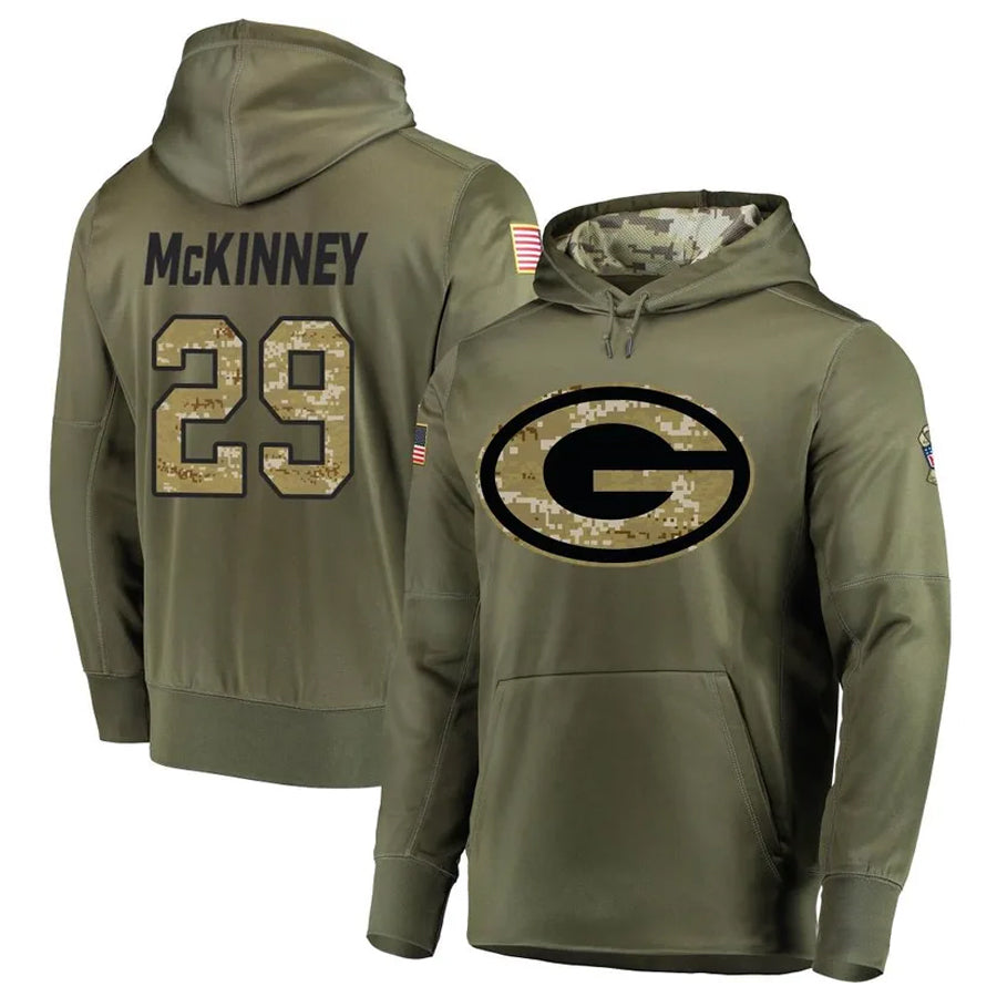 Ndoa GB.Packers #29 Xavier McKinney Player Olive Salute to Service Pullover Hoodie Game Stitched Jerseys
