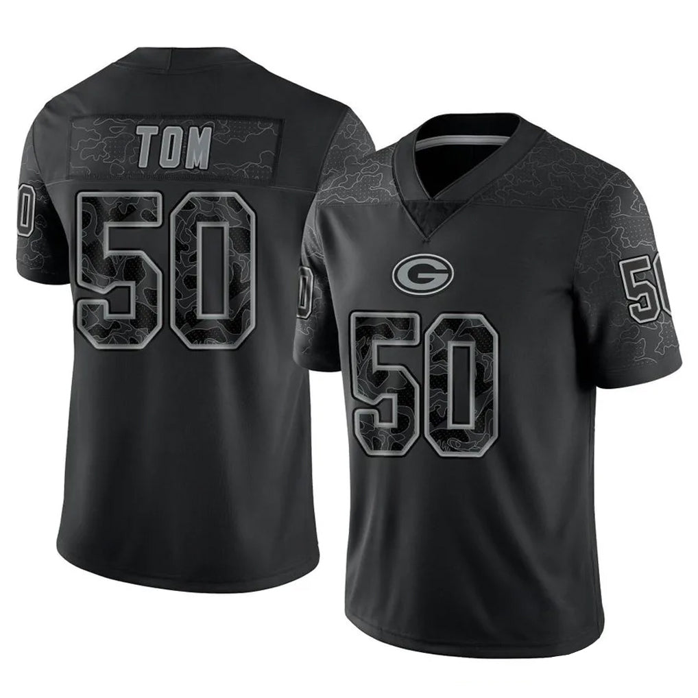 Ndoa GB.Packers #50 Zach Tom Player Black Reflective Limited Home Game Stitched Jerseys