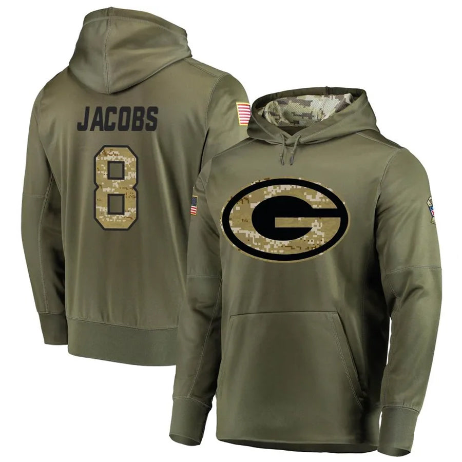 Ndoa GB.Packers #8 Josh Jacobs Player Olive Salute to Service Pullover Hoodie Game Stitched Jerseys