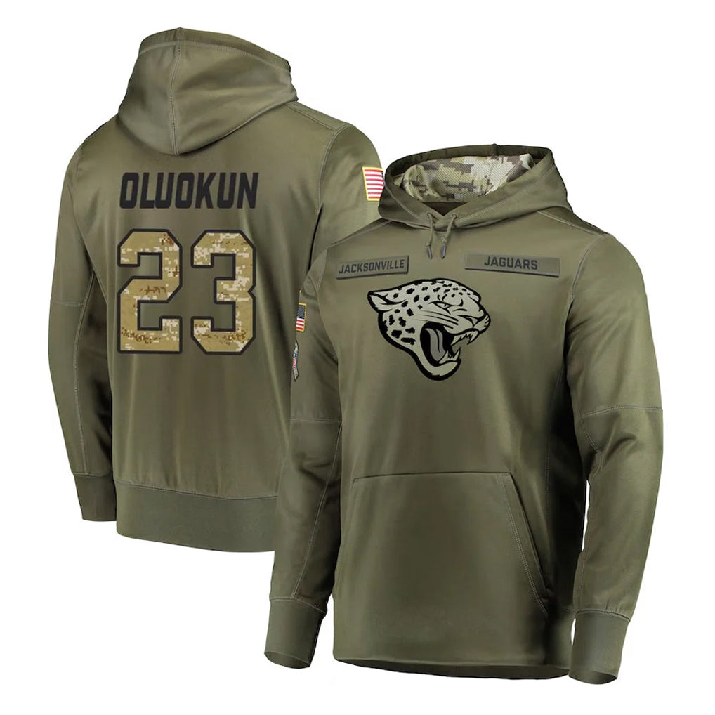Ndoa J.Jaguars #23 Foyesade Oluokun Player Olive Salute to Service Pullover Hoodies Home Game Stitched Jerseys
