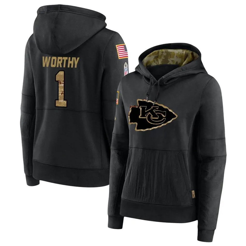 Ndoa KC.Chiefs #1 Xavier Worthy Player Black Salute to Service Hoodies Stitched Jerseys