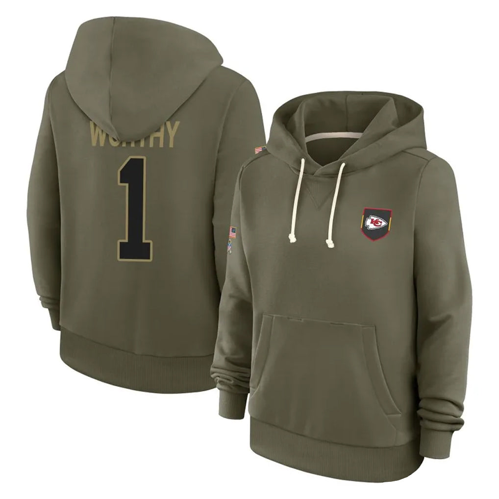 Ndoa KC.Chiefs #1 Xavier Worthy Player Olive Salute to Service Hoodies Stitched Jerseys