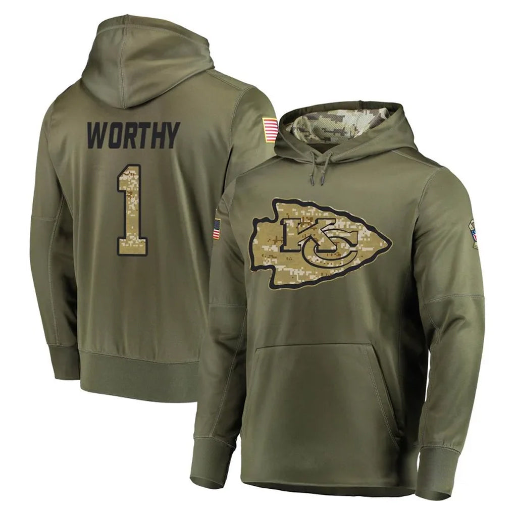 Ndoa KC.Chiefs #1 Xavier Worthy Player Olive Salute to Service Pullover Hoodies Home Game Stitched Jerseys