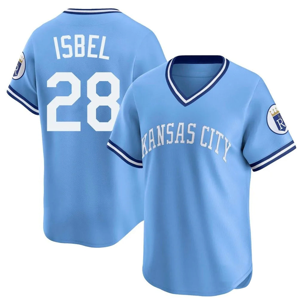 Ndoa KC.Royals #28 Kyle Isbel Player Light Blue Limited Throwback Cooperstown Collection T-shirt Stitched Jerseys