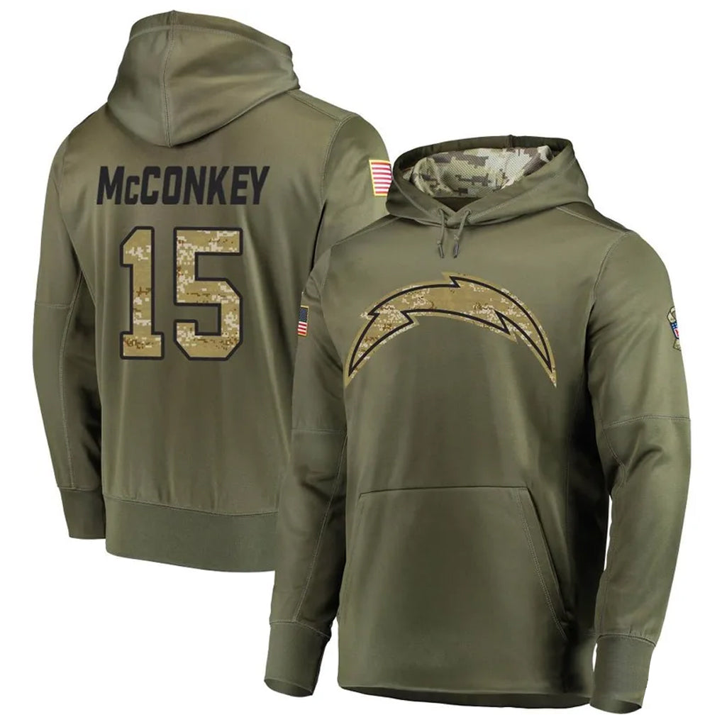 Ndoa LA.Chargers #15 Ladd McConkey Player Salute to Service  Olive Hoodies Game Stitched Jerseys