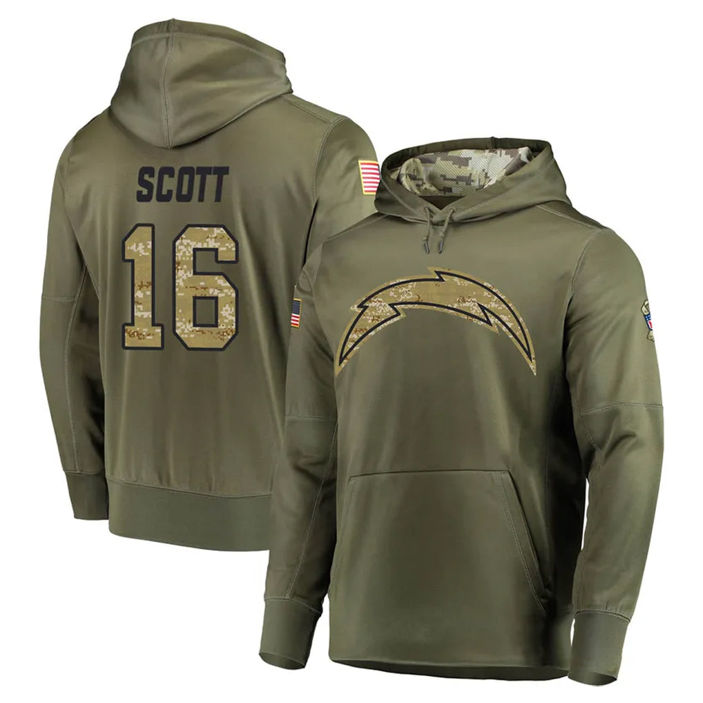 Ndoa LA.Chargers #16 J.K. Scott Player Olive Salute to Service Pullover Hoodies Home Game Stitched Jerseys