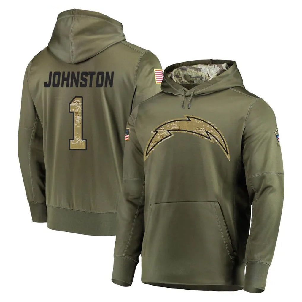 Ndoa LA.Chargers #1 Quentin Johnston Player Olive Salute to Service Pullover Hoodies Home Game Stitched Jerseys